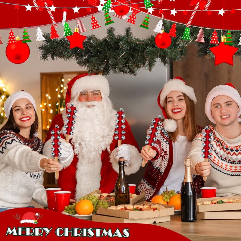 Kidum 4 Pcs Christmas Sleigh Bells Wooden Handle Jingle Bells Instrument Musical Hand Bell Shaker Rattle Musical Percussion Instrument for Xmas Holiday Party (Red) - Image 5